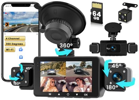 Inefala Wi-Fi Dash Cam med 64 GB-kort, 1080P FHD minibilkamera med app, 3 kameror fram och bak, G-sensor, mörkerseende, parkeringsövervakning, loopinspelning