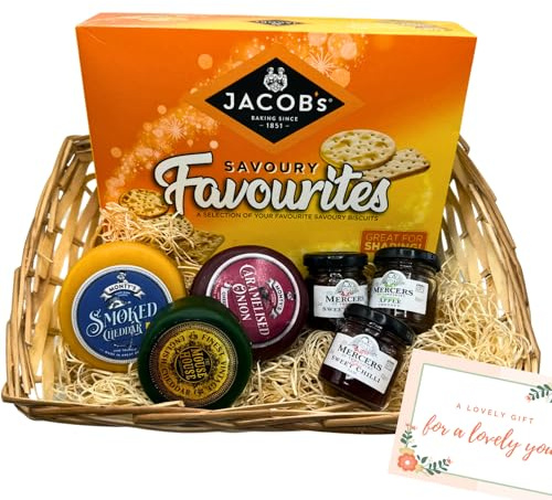 Cheese Hampers Basket Gift Set - 3x Cheeses Truckle, Chutney, Crackers & Card - Cheeseboard Gift Set, Birthday Hamper for Men & Women, Cheese Selection Box, Fathers Day Hamper, Teachers Day Gift