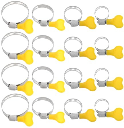 Healeved 16Pcs Stainless Steel Adjustable Hose Clamps with Yellow Plastic Thumb Screw Handles Heavy Duty Water Hose Repair Clips for Plumbing and Garden Use