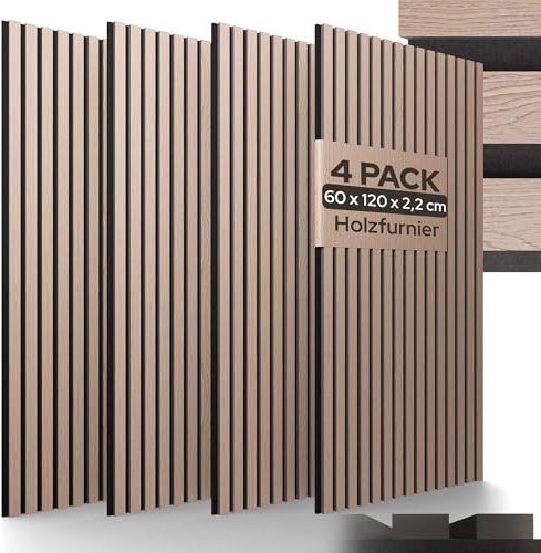 Arebos Akustiska Paneler 120×60 cm | Set om 4 Lamellpaneler i Träutseende för Vägg & Tak | Hög Ljudabsorption | Enkel Montering & Anpassningsbara | Modern Väggpanel för Bättre Rumsakustik