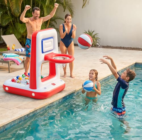 QPAU Pool Basketball Hoop with Built-in Cooler, 42 Heavy Duty Poolside & Floating Basketball Hoop for Inground and Above Ground Pools, Inflatable Water Basketball Set with 2 Balls, Pumps and Anchors