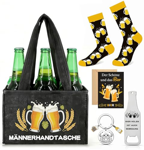 Männerhandtasche Bier Geschenkset,Geburtstagsgeschenk Mann | Geburtstagsgeschenk für Männer,Bier Handtasche,Socken,Flaschenöffner,Schlüsselanhänger & Karte,Biergeschenke Männer