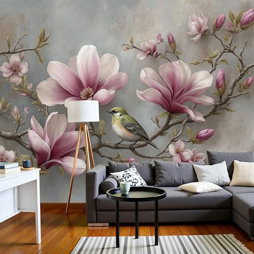 Carta Da Parati Fiori Uccelli Magnolia Rosa 3D Per Soggiorno, Carta Da Parati Dipinto Fiori Uccelli Orientali, In Tessuto Non Tessuto, Per Soggiorno, Tv, Camera Letto, Decorazione Parete, 400×280 Cm