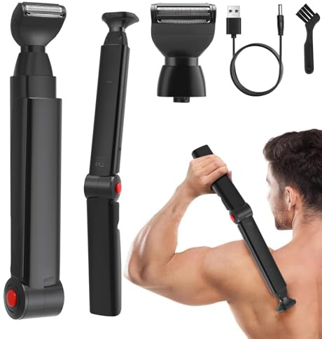 Rückenrasierer für Männer, Herren-Rückenrasierer Körpertrimmer Elektrischer mit 2 Scherköpfe & Armverlängerung, Faltbare Herren Körperrasierer für Rücken-, Gesichts-, Brust- & Schulternpflege