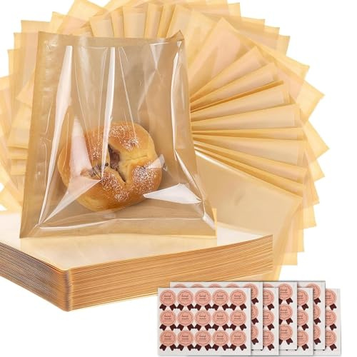 100Pcs Kraft Paper Sandwich Bags for Food with 7pcs Sealing Stickers, Toastie Bags for Toaster Heat Sealable Toast Packs, with Front Clear Cellophane Paper Window to Display Sweets Cookies(25 x 21cm)
