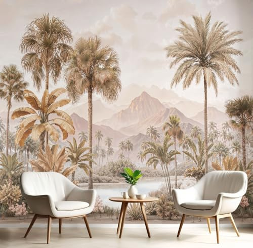 Papel Tapiz Fotográfico Plantas Retro Selva Exótica 250x175cm Papel Pintado no Tejido, Fotomural Panorámico, Mural de Pared, Decoración de Pared para Sala, Cuarto, Oficina y Salón,Marrón Claro