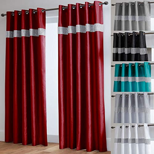 John Aird Diamante Fully Lined Faux Silk Eyelet Curtains (Red, 46 Wide x 54 Drop)