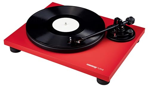 Reloop Turn 2 - Banddriven analog HiFi skivspelare (33/45 RPM) med rak tonarm, Ortofon OM10 pickup-system, plattan i gjuten aluminium med kromad kant, lågvibrerande och tyst DC-motor, röd