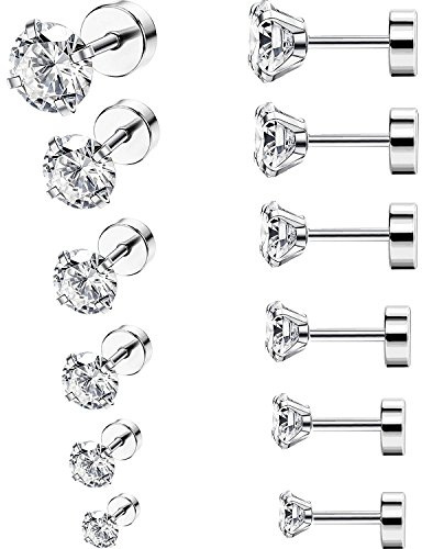 6 Paires 18G Boucles d'oreilles en Acier Inoxydable Zircone Cubique Cartilage Oreille Hélix Piercings de Barbell Tragus, 6 Tailles