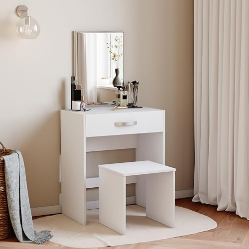 Vida Designs Tavolo da Toeletta Isla con 1 Cassetto, Specchio e Sgabello, Set per Camera da Letto, Trucco, Cosmetici, Scrivania e Mobiletto Bianco, 130 x 63.5 x 39 cm