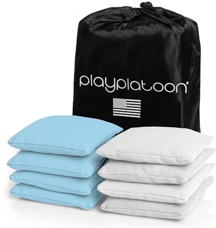 Play Platoon Weather Resistant Cornhole Bags - Set of 8 Regulation Corn Hole - Sky Blue & White - Durable Duck Cloth Corn Hole for Tossing Game, Includes Tote Bag