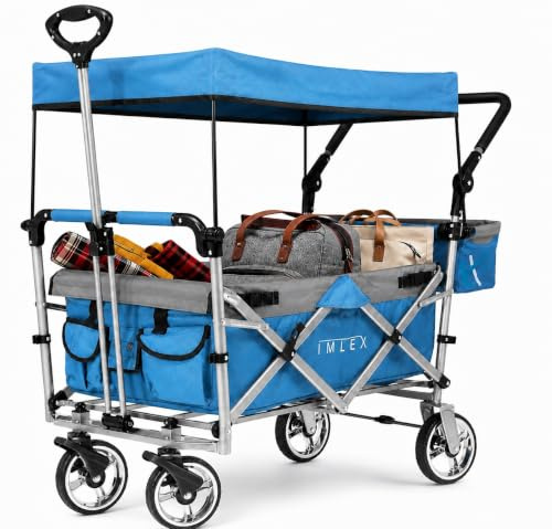 IMLEX Bollerwagen faltbar XXL mit Dach – Handwagen für 2 Kinder bis 80 kg – Schiebegriff & Zugstange – Geländereifen – kompakt klappbar für Strand, Camping, Garten, Zoo & Freizeit IM-426 Blau