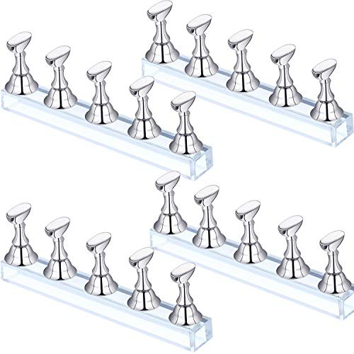 4 Sets Acrylic Nail Display Stand Nail Holder Magnetic Nail Practice Stand Fingernail DIY Nail Design Stand for False Nail Manicure Tool (Silver)