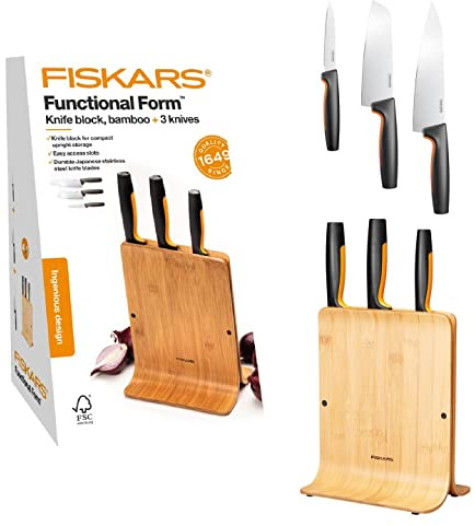 Fiskars Bambu Designknivblock med 3 Knivar, Functional Form | Inklusive Grönsakskniv, Santoku Kockkniv och Kockkniv, Plast, Bambu, 1057553
