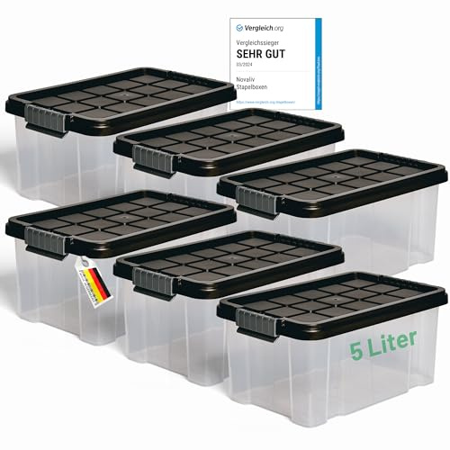 Novaliv 6x Aufbewahrungsboxen mit Deckel 5L Anthrazit Nestbar stapelbare Storage boxes mit Clipverschluss Kunststoff BPA-frei 30 x 19 x 14 cm
