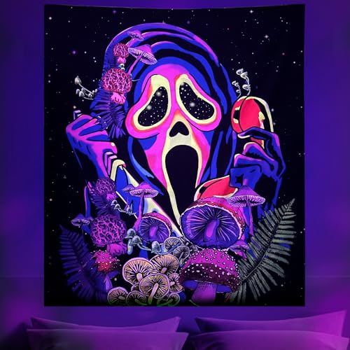 Cyiecw Schwarzlicht Wandteppich Aesthetic, UV Reaktive Pilz Skelett Schädel Deko Tapestry, Fluoreszierend Pflanzen Sternenhimmel Wandtuch, Wandbehang Schlafzimmer Wohnzimmer Dekoration(150 * 130cm)