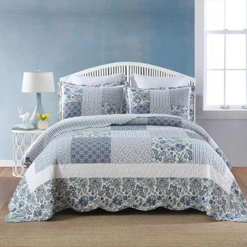 camandy Baumwoll-Tagesdecke, Steppdecke, Bettwäsche-Set, 3-teilig, wendbar, Bettdecken-Set, Tröster, Vintage-Blumenmuster, Patchwork, blaue Tagesdecke (blaues Vintage-Blumenmuster, King-Size)