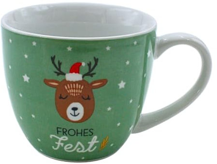 ***Weihnachts - Maxi - Kaffeebecher - Tasse aus Porzellan, mintgrün mit Rentier und Aufschrift: Frohes Fest, Größe H/Ø: 9,2 x 10,5 cm, Fassungsvermögen 400 ml, Spülmaschinengeeignet.