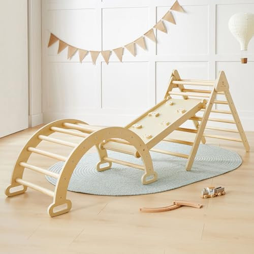 Tiny Land Triangle Climbing Frame for Kids, 3 in 1 Foldable Montessori Toy Wooden Climbing Triangle, Indoor Climbing Frame Set Wooden Climbing Toy with Ramp and Arch Climbing Triangle