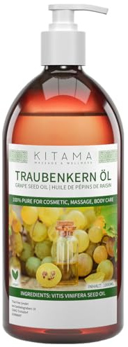Kitama Traubenkernöl 1L - Rein Pflanzliches Wellness Massageöl & Basisöl | 100% reines, leichtes Körperöl für Massage, Spa & Aromatherapie. Hautfreundliches Pflegeöl für professionelle Anwendungen