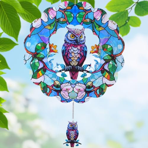 FAICACC Wind Spinners Outdoor, Owl Metal 3D Hanging Garden Decor, 12-inch Stainless Steel Wind Spinner with Tail Spinner, Wind Sculptures for Indoor Patio Lawn Yard, Ornament Gift for Women/Men