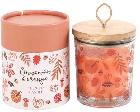 Duftkerze mit Herbstblättern, Zimt und Orange, aromatischer Herbstduft, handgefertigt mit ätherischen Ölen, langlebiges Glas mit 237 ml Fassungsvermögen für gemütliche Herbstabende