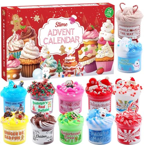 Slime Advent Calendar 2026, Christmas Countdown Calendars 24 Days of Surprises with Different Texture Fluffy Slime Kit Funny Gifts Toy for Toddler Kids Teens Girls 4 5 6 7 8 9 10 11 12 Year Old