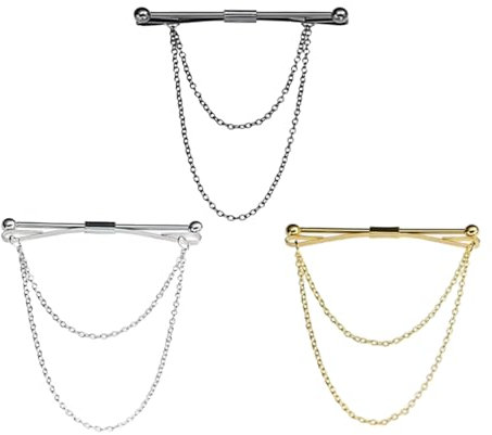 BRIOTA 3 Stück Kragen Bar Pins, Krawatte Kragen Pin, Kragen Bar Mit Kette, Klassischer Metall Krawattenklammern, für JubiläUm,Party,Verabredung,Hochzeit (Schwarz, Gold, Silber)