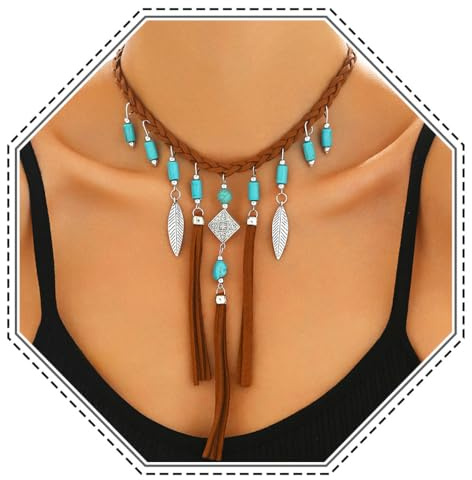 Jovono Damen Boho Türkis Anhänger Halskette Lange Feder Quaste Geschichtete Cowgirl Braun Gewebt Choker Halskette für Frauen, Einheitsgröße, Kunststoff, Kein Edelstein