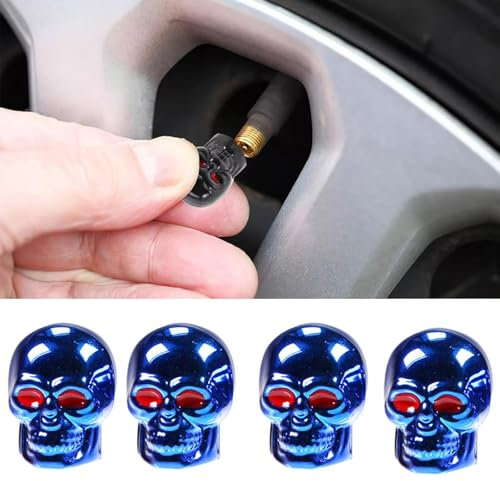 RJSQAQE Tappi per valvole, tappi antipolvere per pneumatici di auto, 4 pezzi, tappi per valvole a forma di teschio, coperture per valvole per qualsiasi auto, bicicletta e moto, leggeri (blu)