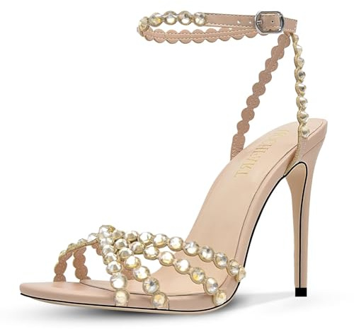 HOCHFART Rhinestone High Heels Stiletos Heels for Women Strap Buckle Heels Round Toe Sexy Elegant Pumps Sandals