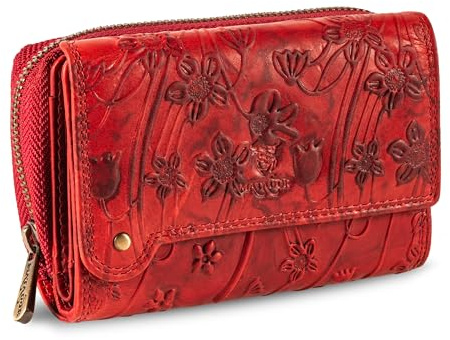 MATADOR Leder Portemonnaie Damen Mittelgroß #Perth mit edler Geschenkverpackung, Leder Geldbörse Damen Mittelgroß Querformat, Geldtasche Frauen, RFID Geldbeutel Blumen Rot