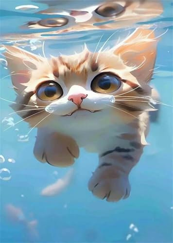 Schwimmende Katze Malen Nach Zahlen für Erwachsene Anfänger, mit DIY Rahmen Malen nach Zahlen Kits, mit Pinsels und Acrylfarbe Handgemalt öLgemäLde Kit,55x70cm