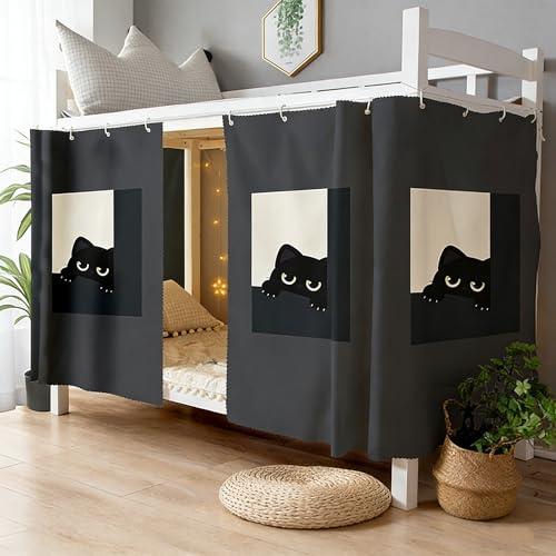 ITODA Rideau de Lit Epaissis Rideau Occultant pour Lit Superposé ou Lit Cabane Ciel de Lit Moustiquaire Etanche Rideau Opaque Anti-poussière Anti-Insectes pour Dortoir d'Étudiants, Chat Noir, 2pcs