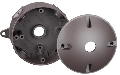 LEONLITE 4 Inch Round Weatherproof Outlet Box with Cover, Brown | Six 1/2-In Knockouts Round Outdoor Electrical Box Die-cast Aluminum, UL, IP65, 16 Cubic Inch Electrical Junction Box
