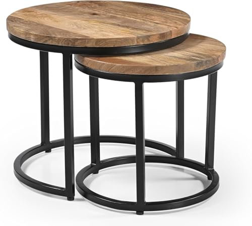 iAnanas fertig montiert & sofort einsatzbereit 2er-Set runder Couchtische, handgefertigte Mangoholzplatte, natürliches modernes industriell-Minimalist Design Wohnzimmer, Büro - 50x50x43, 40x40x38 cm