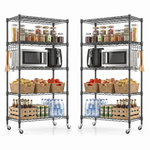 Himimi Regal mit Rollen, 2 pcs, Metallregal auf Rollen, Höhenverstellbar, Lagerregal Stehend mit 5 Regalböden und Haken, Standregal Rollregal für Küche Speisekammer Keller, 35T x 76B x 158H cm,Schwarz