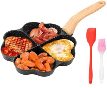AHONE Poêle à crêpes en forme de cœur à 4 trous - Poêle à œufs anti-adhésive pour omelette - Avec anse - Pour cuisinière à gaz, cuisinière électrique ou céramique - Noir