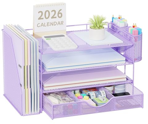 Pygocereri Schreibtisch Organizer mit Aktenhalter, 4 Ebenen Büro Organizer mit Schublade und 2 Stifthaltern, Mesh Papierablage mit Zeitschriftenhalter, Schreibtisch Ablage für Bürobedarf (Lila)