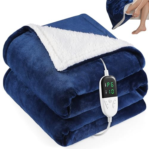 OneAmg Nouvelle Couverture Chauffante avec Poche pour Les Pieds 155X180CM, Fonction D'ArrêT Automatique, Chauffage à 6 Vitesses, Minuterie 10 H, Protection Contre la Surchauffe, Lavable Machine(Bleu)