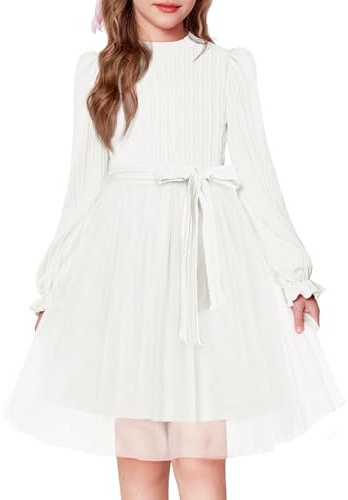 Arshiner Mädchen Kleid Kinder Langarm Strickkleid Tüll Festlich Partykleid | Rundhals Puffärmel,Einfarbig,Midi Warm,Elegant Mode,A-Linie Lässig,Hochzeit Geburtstag,Herbst Winter,mit Gürtel,6-13 Jahre
