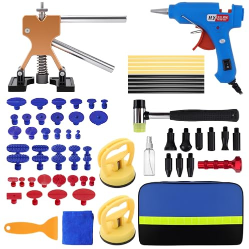 KAOLALI Car Dent Puller, 70 Pcs Dent Removal Kit for Car, Paintless Dent Repair Tools with Gold Dent Puller Lifter, Suction Cup, Glue Gun for Repairing Automotive Dent/Door Dings/Hail Damage