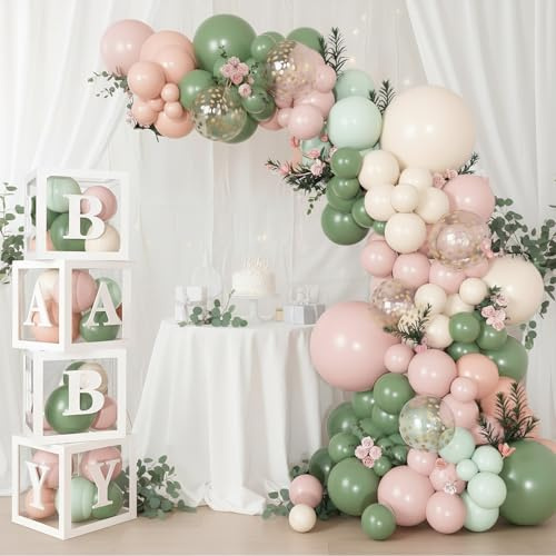 Acidea Baby shower dekorationer för flickor, 152 st salvia grön rosa ballong båg-kit, ballonger babylådor med bokstäver för pojke eller flicka födelsedag baby shower dekorationer kön avslöjar