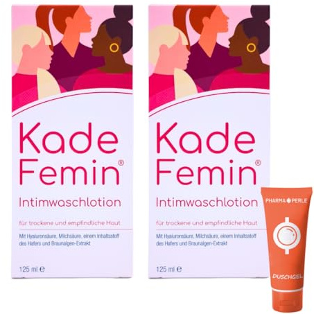 KadeFemin Intimwaschlotion 2x 125 ml I Sanfte Intimpflege für trockene & sensible Haut I Mit Hyaluronsäure & Milchsäure I pH-hautneutral, vegan & duftstofffrei I Spar-Set plus Pharma Perle give-away