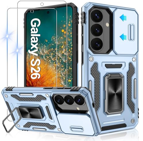 Jshru for Samsung S26 Case with Screen Protector | Camera Protective Cover | Ring Stand,Shockproof Bumper Phone Cover for Galaxy S26,S26-Light Blue