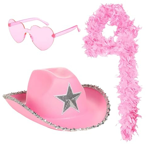Generisch Cowgirl Kostüm Damen Kostüm Damen 3-teiliges-Set, Rosa, Cowboy Hut, Schal, Sonnenbrille, für Mädchen, Cosplay, Party Fasching Zauberhut Pinker Cowboyhut Faschingskostüme Cowboy Hut Pink