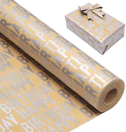 woric 43cm x 25m Geschenkpapier Geburtstag, Happy Birthday Geschenkpapier | Geschenkpapier Kraftpapier Geschenkpapier Rolle für Geburtstag Babyparty Mädchen Jungen Erwachsener
