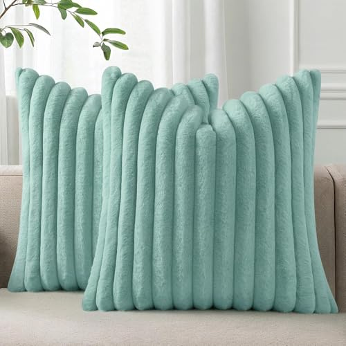 Homaxy Kunstfell Kissenbezug 45x45 2er Set, Aqua | Deko Weich Flauschige Gestreift Kissenhülle, Plüsch Sofakissen Dekokissen Couchkissen für Wohnzimmer Schlafzimmer Sofa