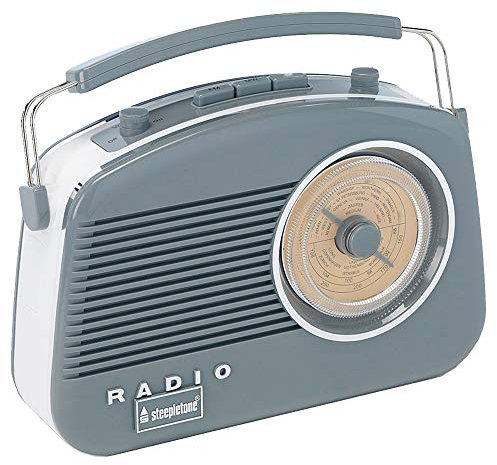 Steepletone Brighton Mk2 Shabby Chic Nostalgic Retro Radio (1950's Style), Mains Electric/Battery Powered. Rotary Radio FM & AM (MW + LW). Mobile Smart Phone Music Playback (Mains Lead Inc) Grey
