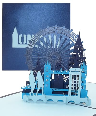 Cologne Cards | Pop-Up Karten London 3D popup-kort, blå, födelsedag, gratulationskort, inbjudningskort, stadskort, London Skyline, 15 x 15 cm